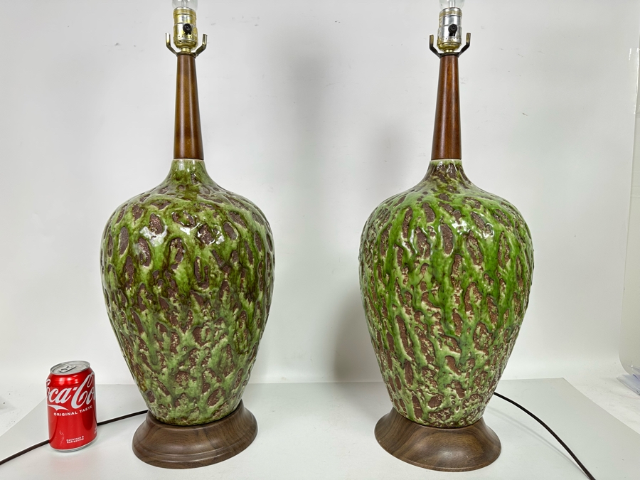 Pair Of Stunning Mid-Century Modern Brutalist Pottery Table Lamps With Metal Base And Tapered Wooden Tops No Shades 24H [Photo 2]
