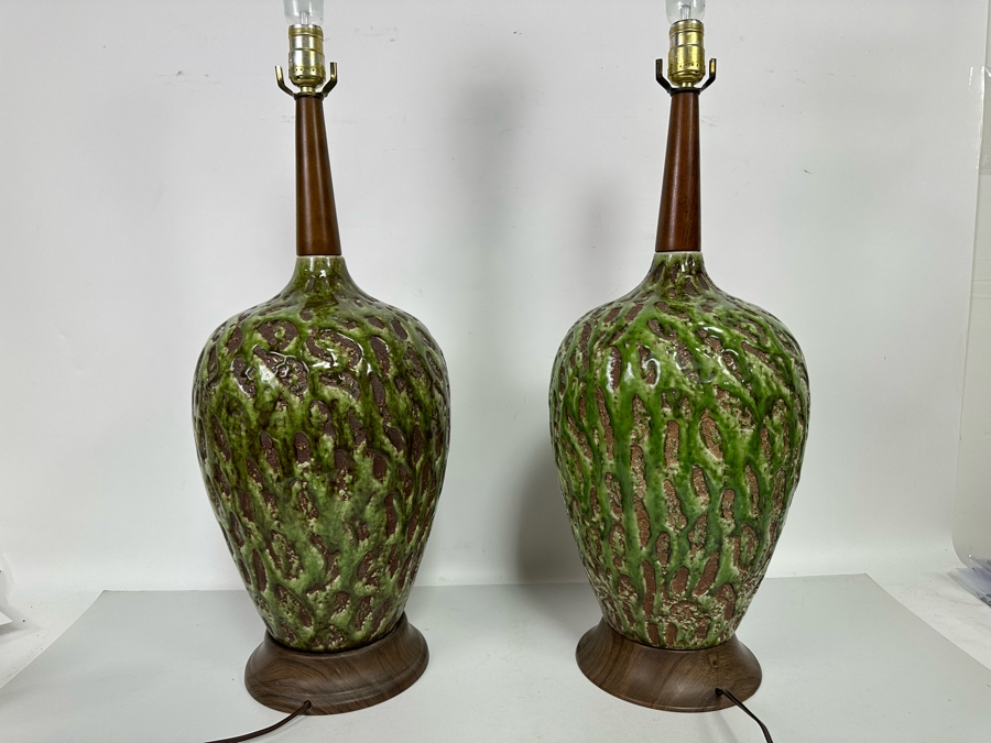 Pair Of Stunning Mid-Century Modern Brutalist Pottery Table Lamps With Metal Base And Tapered Wooden Tops No Shades 24H [Photo 9]