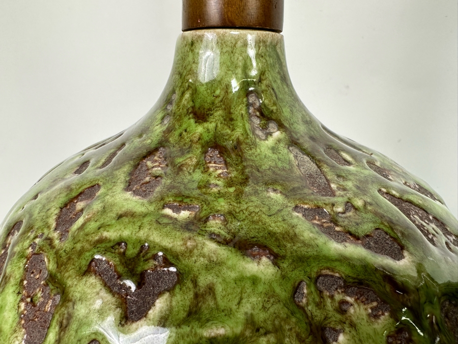 Pair Of Stunning Mid-Century Modern Brutalist Pottery Table Lamps With Metal Base And Tapered Wooden Tops No Shades 24H [Photo 8]