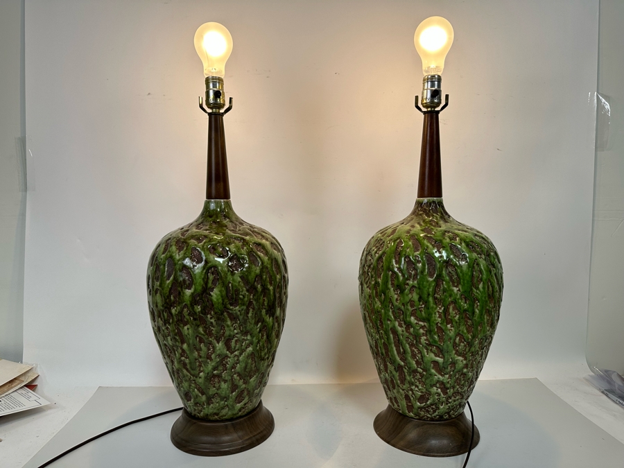 Pair Of Stunning Mid-Century Modern Brutalist Pottery Table Lamps With Metal Base And Tapered Wooden Tops No Shades 24H [Photo 4]