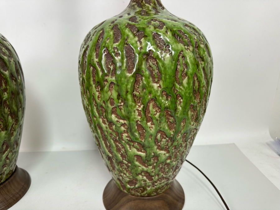 Pair Of Stunning Mid-Century Modern Brutalist Pottery Table Lamps With Metal Base And Tapered Wooden Tops No Shades 24H [Photo 5]