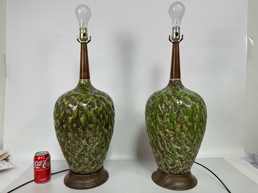 Pair Of Stunning Mid-Century Modern Brutalist Pottery Table Lamps With Metal Base And Tapered Wooden Tops No Shades 24H [Photo 3]