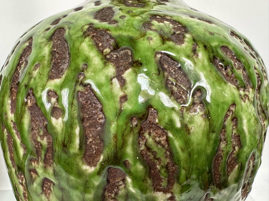 Pair Of Stunning Mid-Century Modern Brutalist Pottery Table Lamps With Metal Base And Tapered Wooden Tops No Shades 24H [Photo 6]