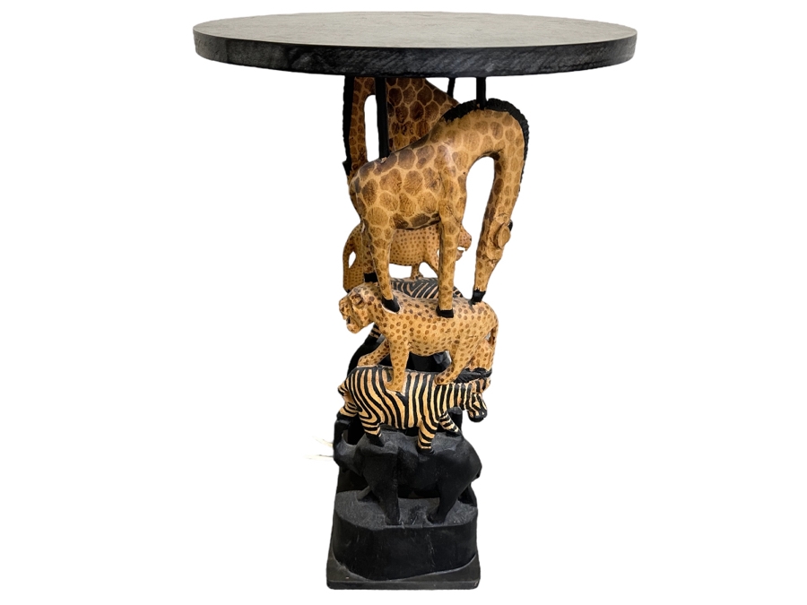 Hand Carved Animal Figural Side Table Made In Kenya 16W X 26H