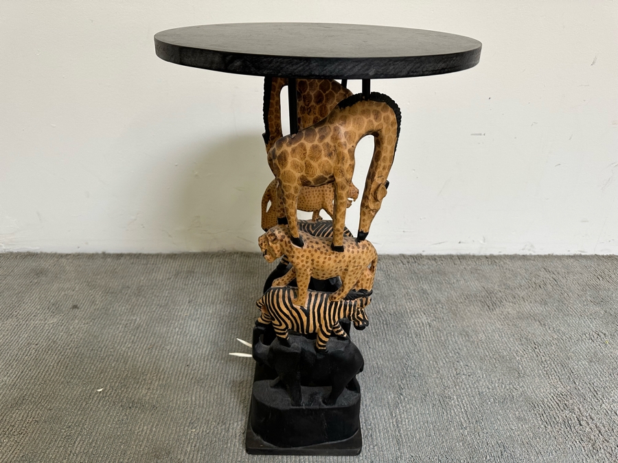 Hand Carved Animal Figural Side Table Made In Kenya 16W X 26H [Photo 3]