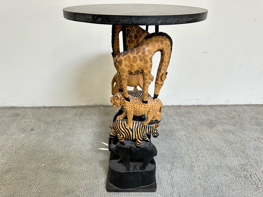 Hand Carved Animal Figural Side Table Made In Kenya 16W X 26H [Photo 2]