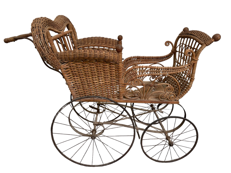 Antique Victorian Wicker Baby Carriage Buggy Perambulator Pram 44W X 22D X 39H