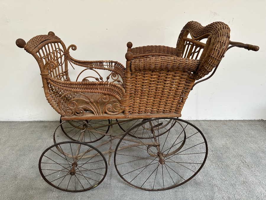 Antique Victorian Wicker Baby Carriage Buggy Perambulator Pram 44W X ...