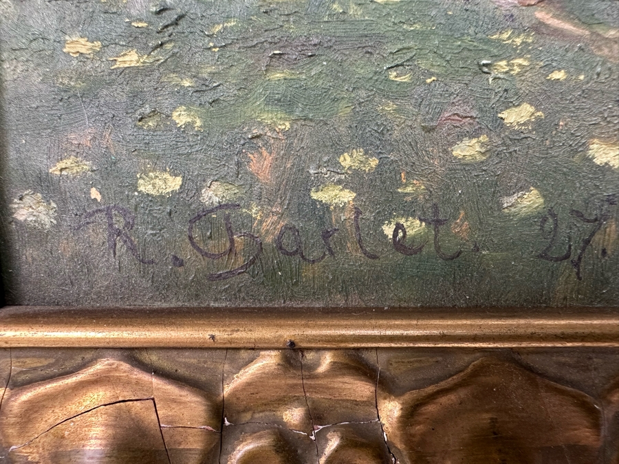 Original Antique Landscape Painting On Board 18 X 11 In Damaged Antique Gilt Frame 20 X 13 Signed R. Charlet? [Photo 11]