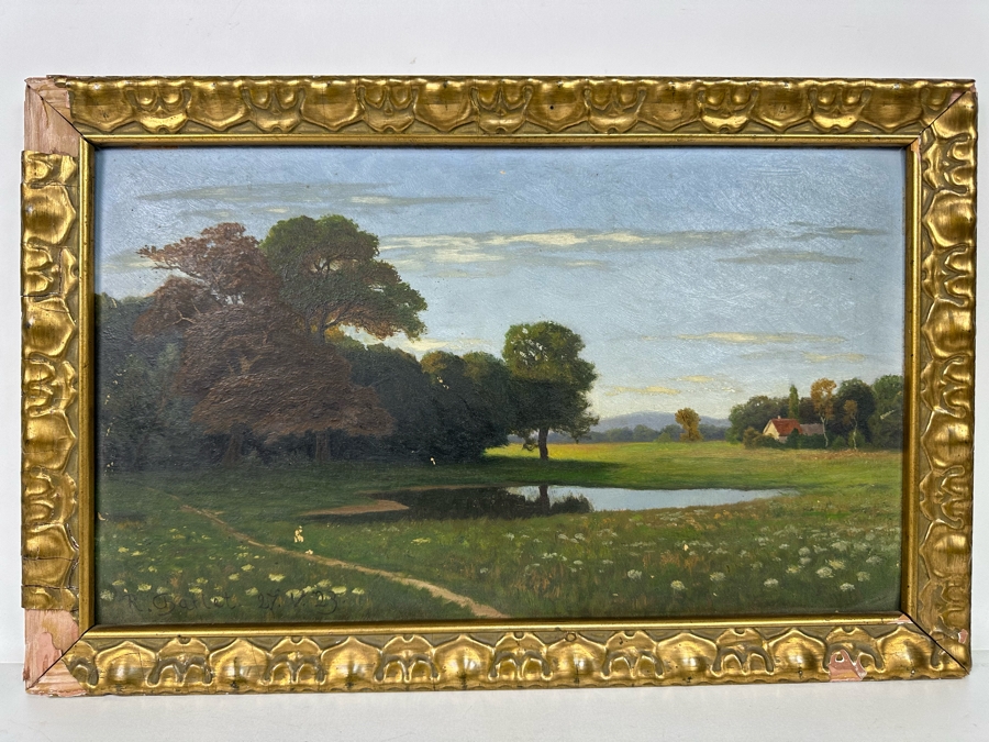 Original Antique Landscape Painting On Board 18 X 11 In Damaged Antique Gilt Frame 20 X 13 Signed R. Charlet? [Photo 3]