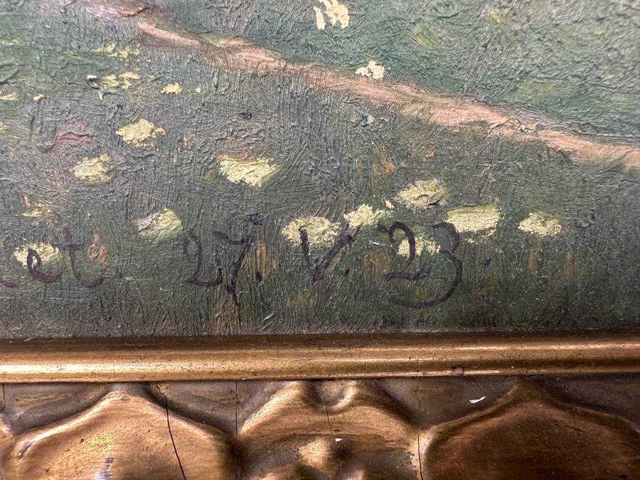 Original Antique Landscape Painting On Board 18 X 11 In Damaged Antique Gilt Frame 20 X 13 Signed R. Charlet? [Photo 12]