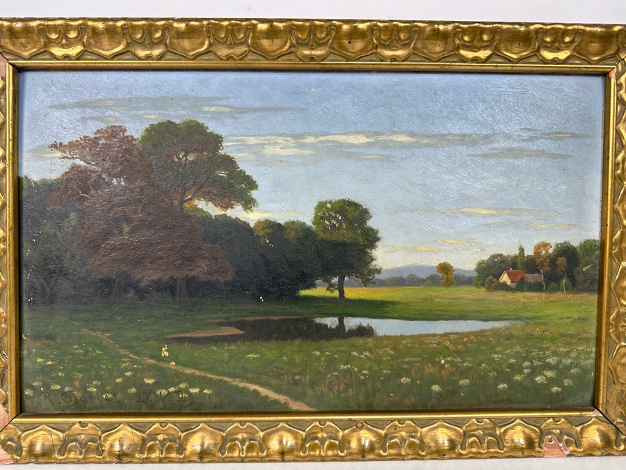 Original Antique Landscape Painting On Board 18 X 11 In Damaged Antique Gilt Frame 20 X 13 Signed R. Charlet? [Photo 5]