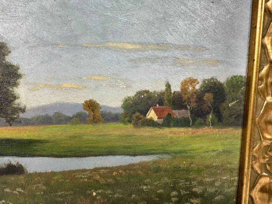 Original Antique Landscape Painting On Board 18 X 11 In Damaged Antique Gilt Frame 20 X 13 Signed R. Charlet? [Photo 7]