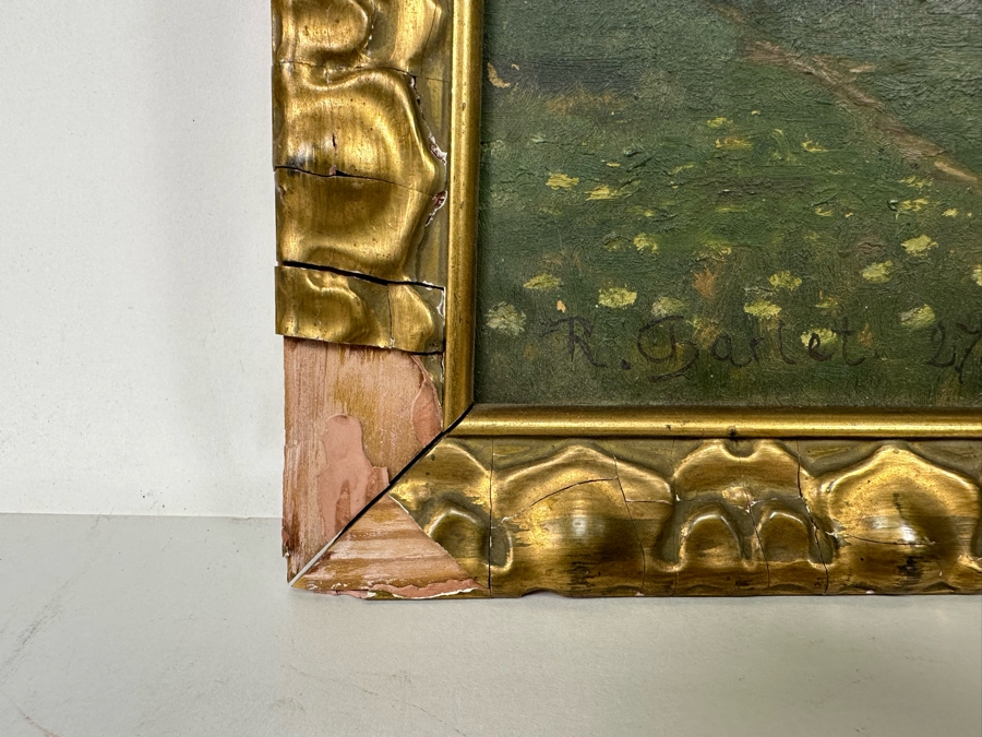 Original Antique Landscape Painting On Board 18 X 11 In Damaged Antique Gilt Frame 20 X 13 Signed R. Charlet? [Photo 13]
