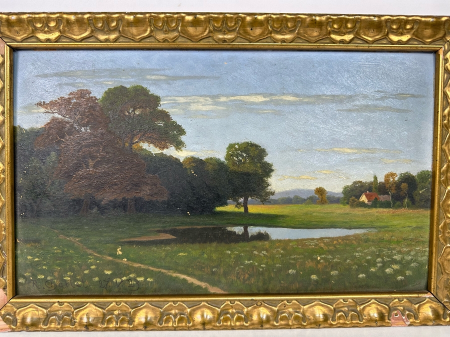 Original Antique Landscape Painting On Board 18 X 11 In Damaged Antique Gilt Frame 20 X 13 Signed R. Charlet? [Photo 4]