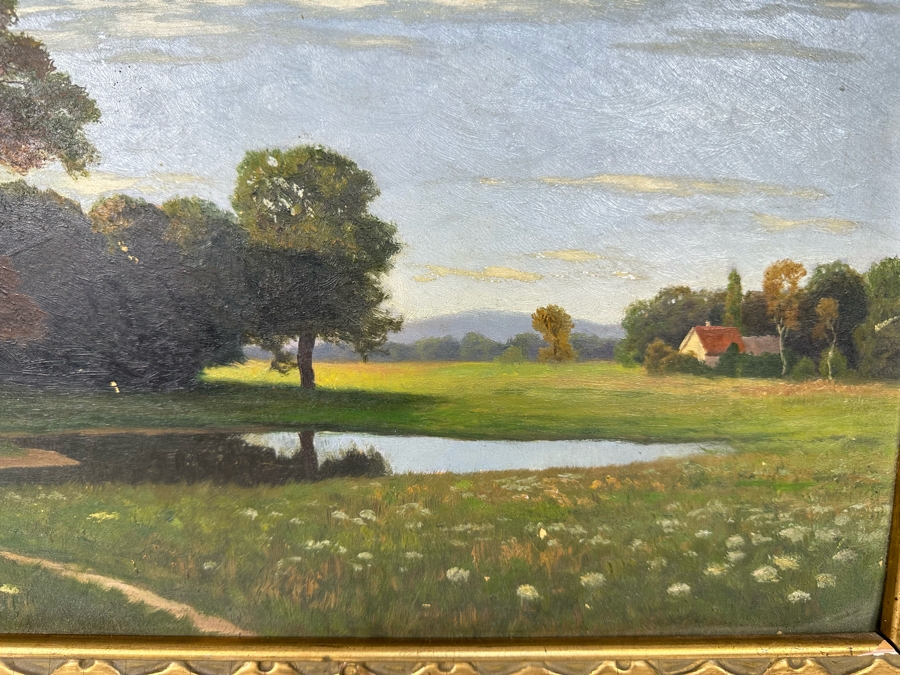 Original Antique Landscape Painting On Board 18 X 11 In Damaged Antique Gilt Frame 20 X 13 Signed R. Charlet? [Photo 6]
