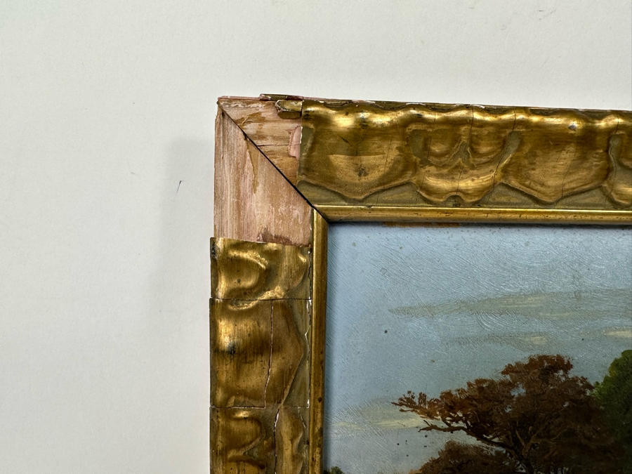 Original Antique Landscape Painting On Board 18 X 11 In Damaged Antique Gilt Frame 20 X 13 Signed R. Charlet? [Photo 14]