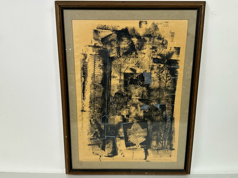 Wallace Fisher Abstract One Of A Kind Paper Monoprint With White Charcoal 16 X 24 Framed 20 X 26 Vintage 1982 With Cert Estimate $1,760 [Photo 3]
