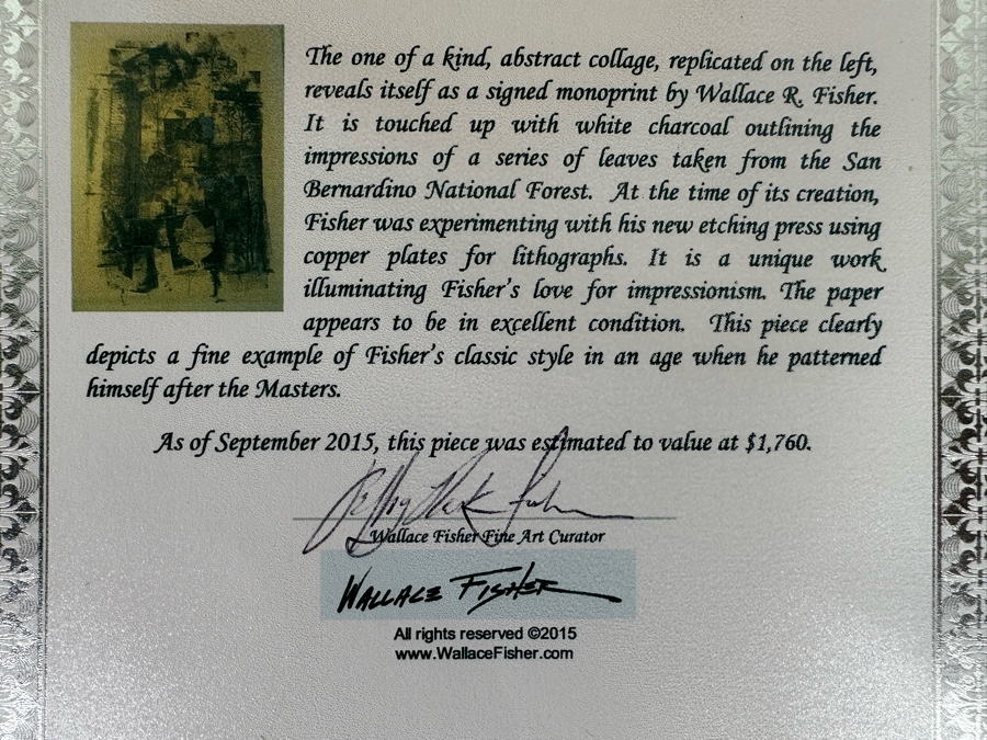 Wallace Fisher Abstract One Of A Kind Paper Monoprint With White Charcoal 16 X 24 Framed 20 X 26 Vintage 1982 With Cert Estimate $1,760 [Photo 23]