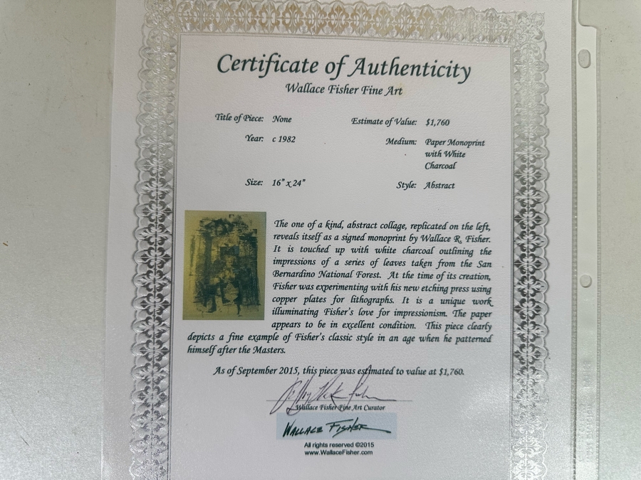 Wallace Fisher Abstract One Of A Kind Paper Monoprint With White Charcoal 16 X 24 Framed 20 X 26 Vintage 1982 With Cert Estimate $1,760 [Photo 21]