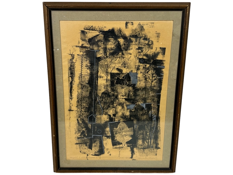 Wallace Fisher Abstract One Of A Kind Paper Monoprint With White Charcoal 16 X 24 Framed 20 X 26 Vintage 1982 With Cert Estimate $1,760 [Photo 1]