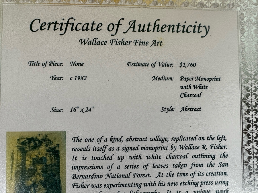 Wallace Fisher Abstract One Of A Kind Paper Monoprint With White Charcoal 16 X 24 Framed 20 X 26 Vintage 1982 With Cert Estimate $1,760 [Photo 22]