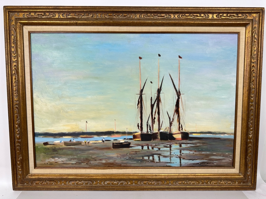 Original Coastal Landscape Painting With Ships On Board Signed Pippa 36 X 24 Framed 44 X 32 [Photo 4]