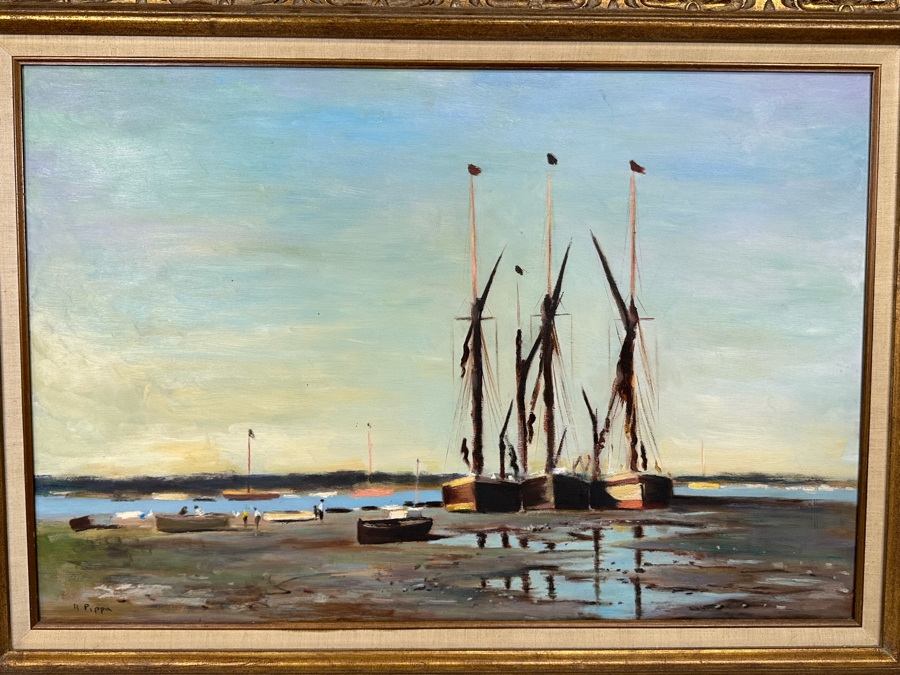 Original Coastal Landscape Painting With Ships On Board Signed Pippa 36 X 24 Framed 44 X 32 [Photo 1]