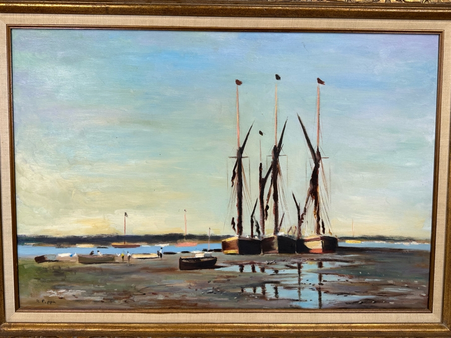 Original Coastal Landscape Painting With Ships On Board Signed Pippa 36 X 24 Framed 44 X 32 [Photo 6]
