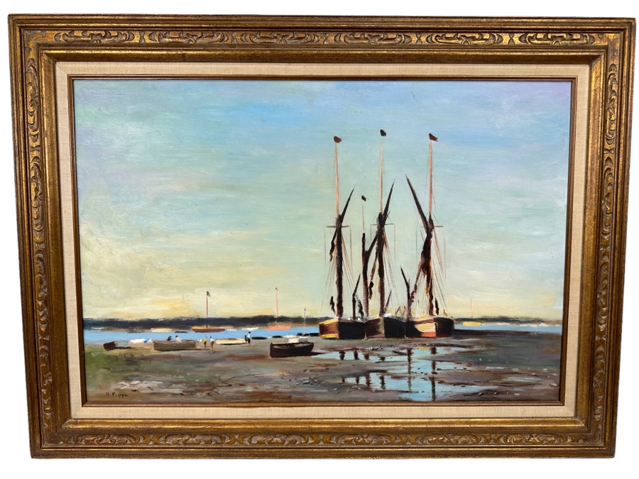 Original Coastal Landscape Painting With Ships On Board Signed Pippa 36 X 24 Framed 44 X 32 [Photo 2]