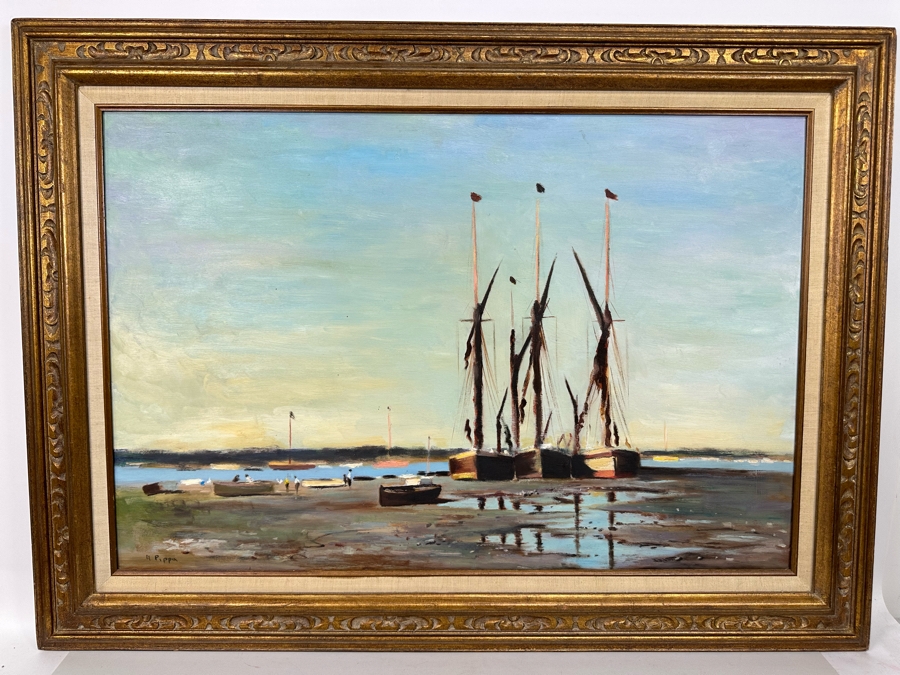 Original Coastal Landscape Painting With Ships On Board Signed Pippa 36 X 24 Framed 44 X 32 [Photo 3]