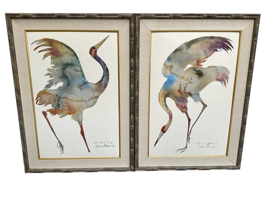 Pair Of Carol Grigg Crane Prints In Wooden Bamboo Motif Frames 31.5 X 43.5 [Photo 1]