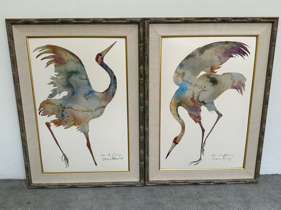 Pair Of Carol Grigg Crane Prints In Wooden Bamboo Motif Frames 31.5 X 43.5 [Photo 3]