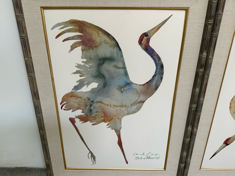 Pair Of Carol Grigg Crane Prints In Wooden Bamboo Motif Frames 31.5 X 43.5 [Photo 5]