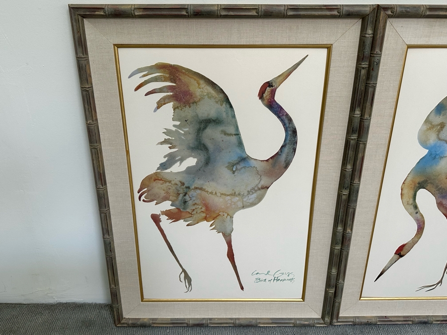 Pair Of Carol Grigg Crane Prints In Wooden Bamboo Motif Frames 31.5 X 43.5 [Photo 4]
