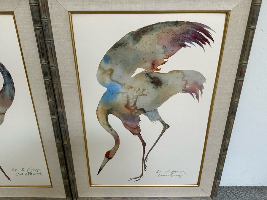 Pair Of Carol Grigg Crane Prints In Wooden Bamboo Motif Frames 31.5 X 43.5 [Photo 6]