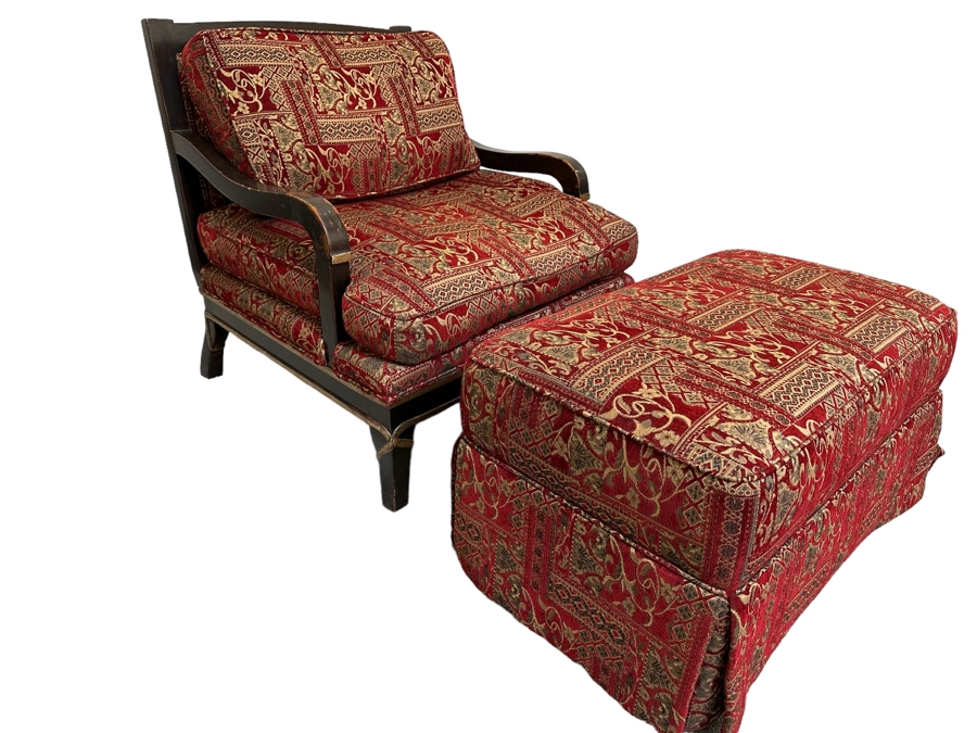 Large Upholstered Wooden Armchair 33W X 34D X 34H With Matching Ottoman 34W X 20D X 19H [Photo 1]