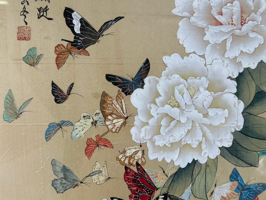 Original Signed Chinese Silk Painting Of Hundreds Of Butterflies And Flowers 24 X 42 Framed 34 X 51 [Photo 3]