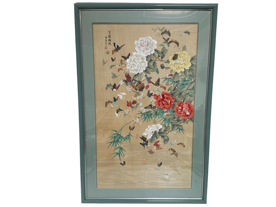 Original Signed Chinese Silk Painting Of Hundreds Of Butterflies And Flowers 24 X 42 Framed 34 X 51 [Photo 1]