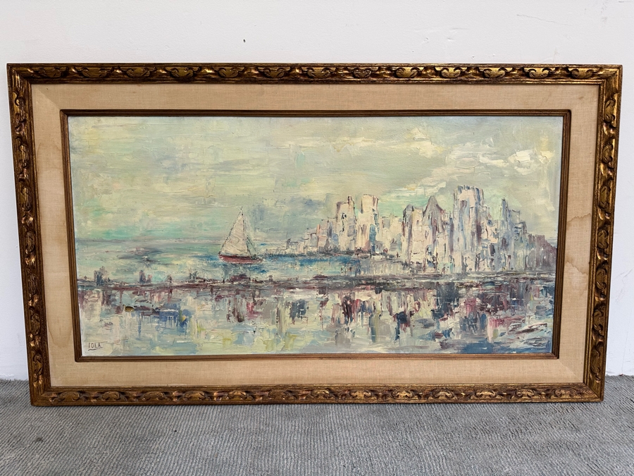 Large Original Impressionist Cityscape Shoreline Painting On Board 48 X 24 Framed 57 X 33 [Photo 3]