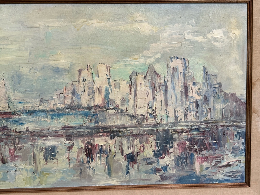 Large Original Impressionist Cityscape Shoreline Painting On Board 48 X 24 Framed 57 X 33 [Photo 6]
