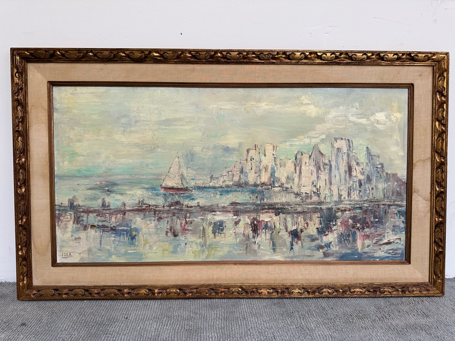 Large Original Impressionist Cityscape Shoreline Painting On Board 48 X 24 Framed 57 X 33 [Photo 4]