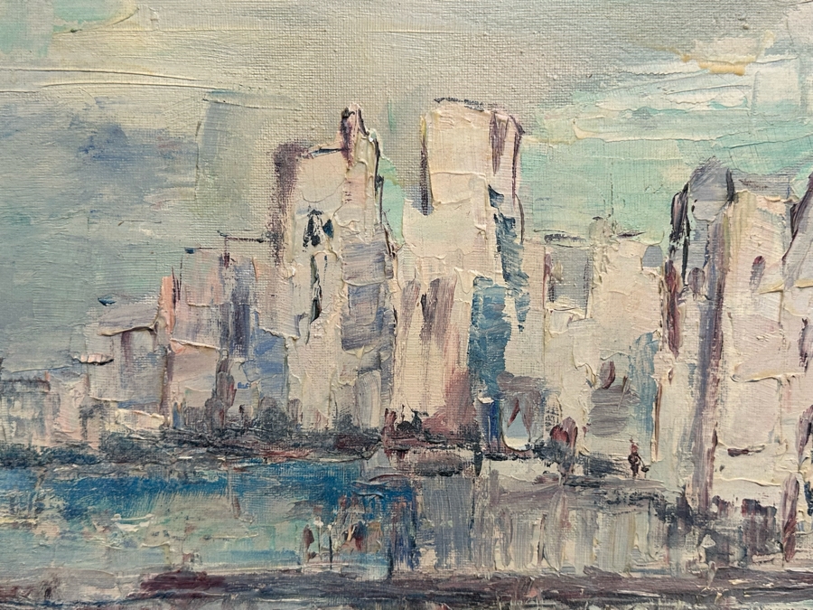 Large Original Impressionist Cityscape Shoreline Painting On Board 48 X 24 Framed 57 X 33 [Photo 11]