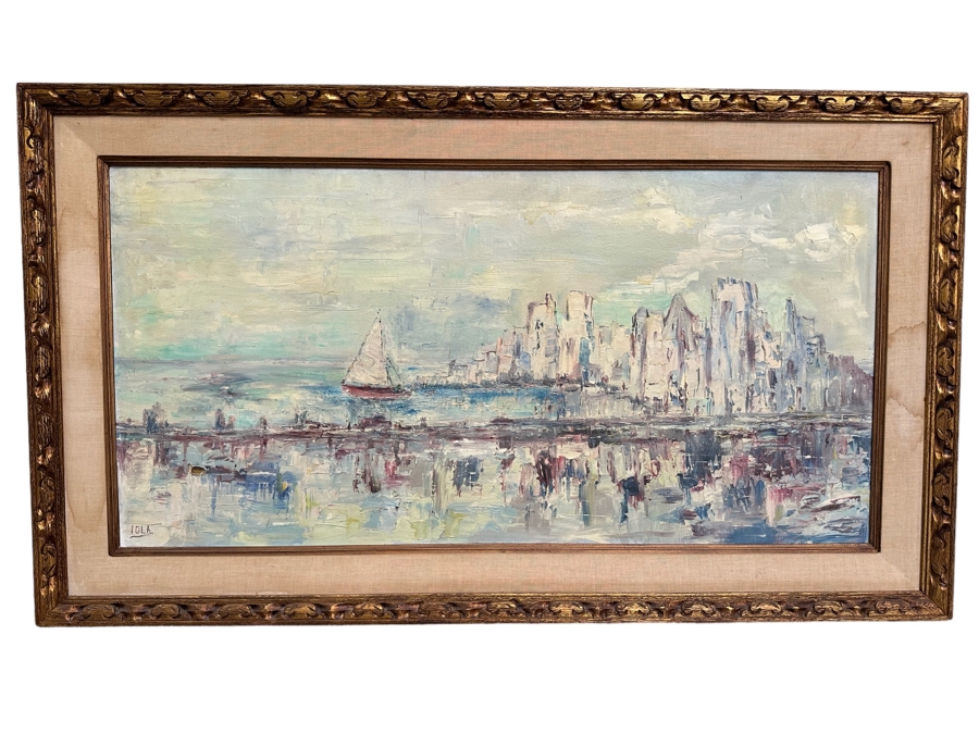 Large Original Impressionist Cityscape Shoreline Painting On Board 48 X 24 Framed 57 X 33 [Photo 1]
