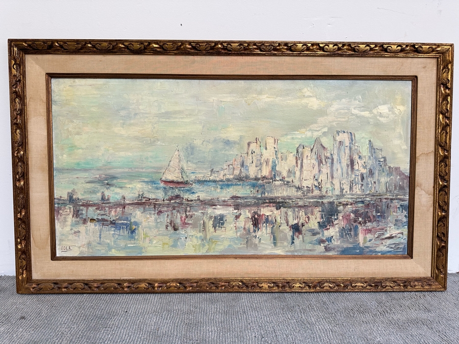 Large Original Impressionist Cityscape Shoreline Painting On Board 48 X 24 Framed 57 X 33 [Photo 5]