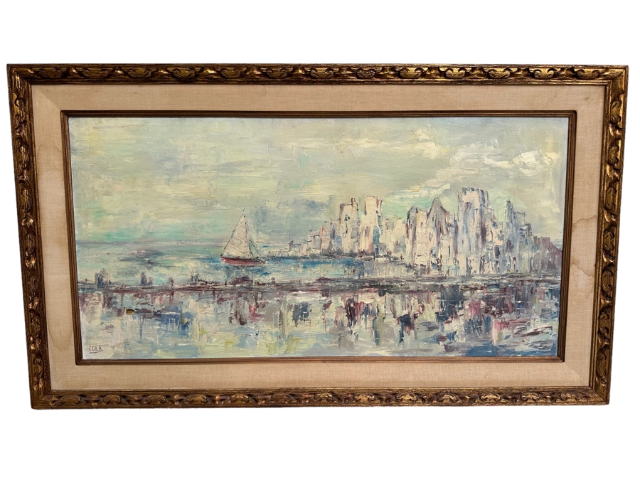Large Original Impressionist Cityscape Shoreline Painting On Board 48 X 24 Framed 57 X 33 [Photo 2]