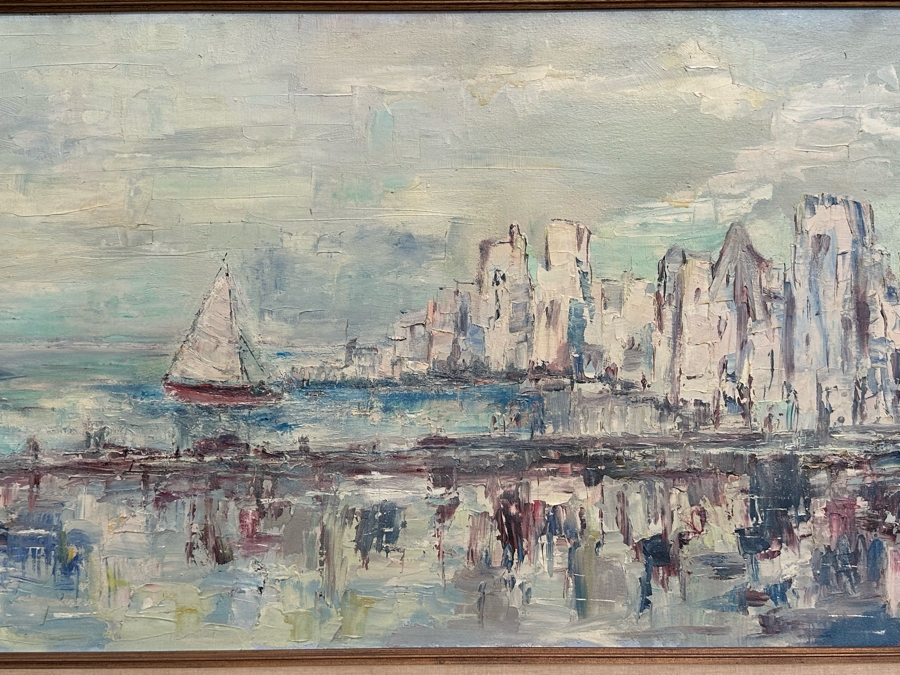Large Original Impressionist Cityscape Shoreline Painting On Board 48 X 24 Framed 57 X 33 [Photo 7]