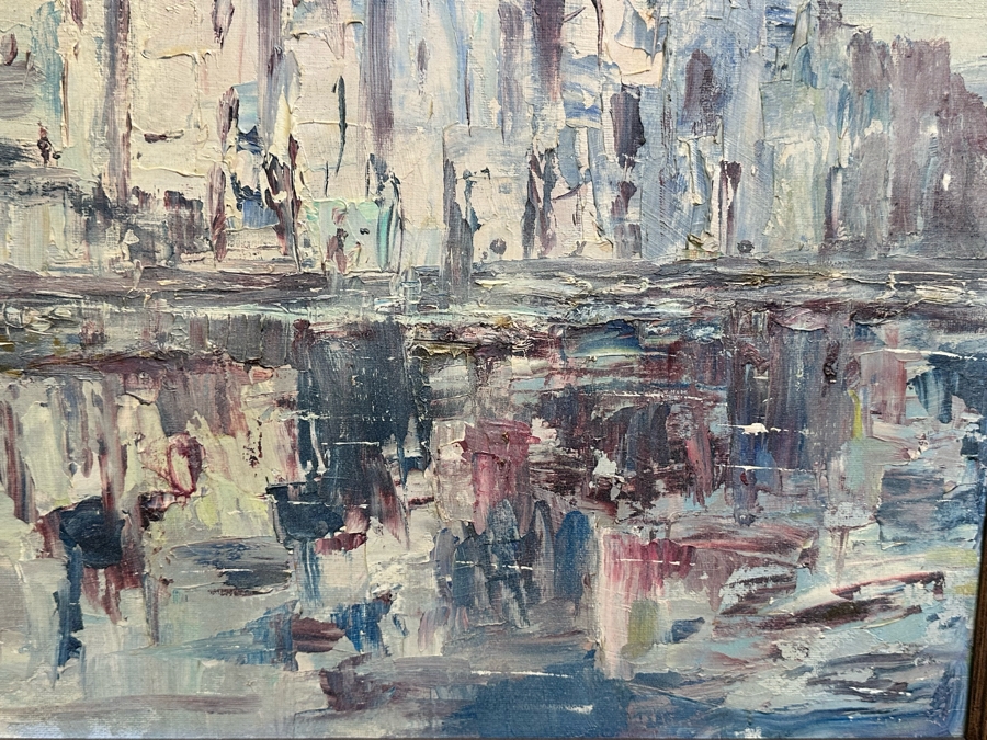 Large Original Impressionist Cityscape Shoreline Painting On Board 48 X 24 Framed 57 X 33 [Photo 13]