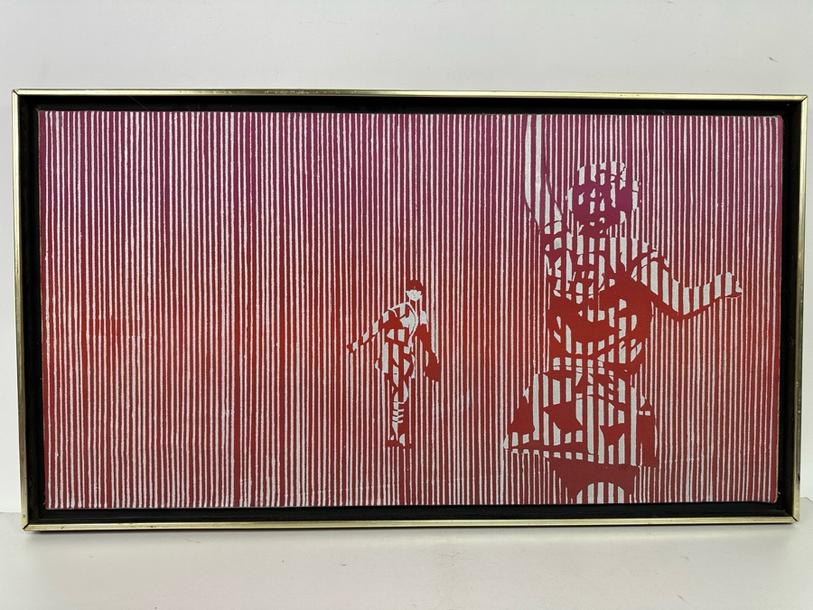 Original Mid-Century Painting On Canvas Of Women's Softball Players Signed LRF Framed 34 X 18 Framed 36 X 20 Signed LRF [Photo 2]