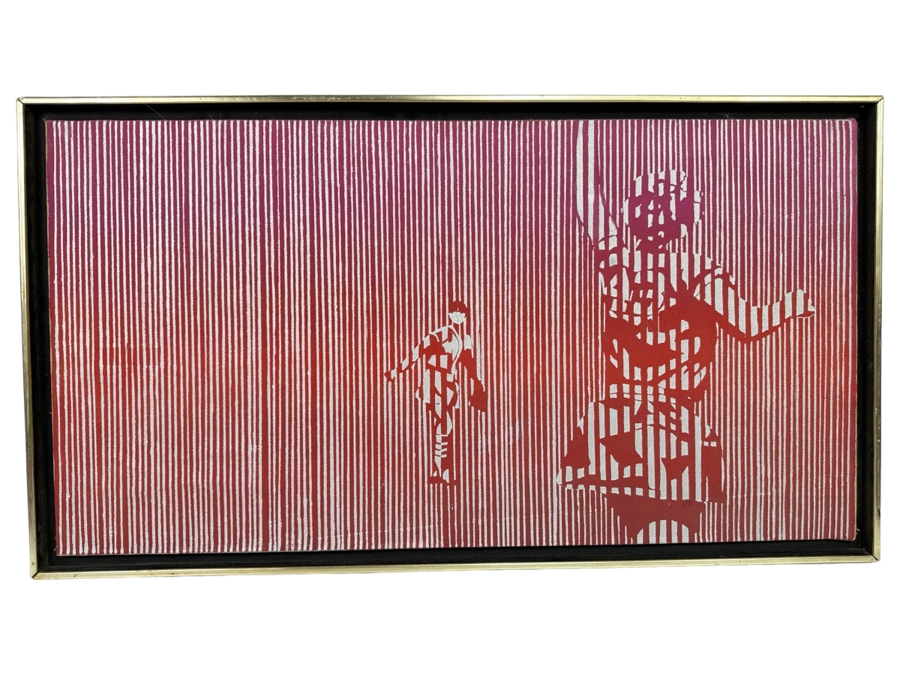 Original Mid-Century Painting On Canvas Of Women's Softball Players Signed LRF Framed 34 X 18 Framed 36 X 20 Signed LRF [Photo 1]